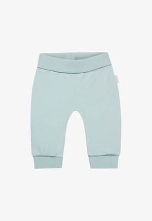 Lichtgroene babybroek van katoenmix met een zachte elastische tailleband en geribbelde boorden; voorzien van een klein stoffen label aan de zijkant.