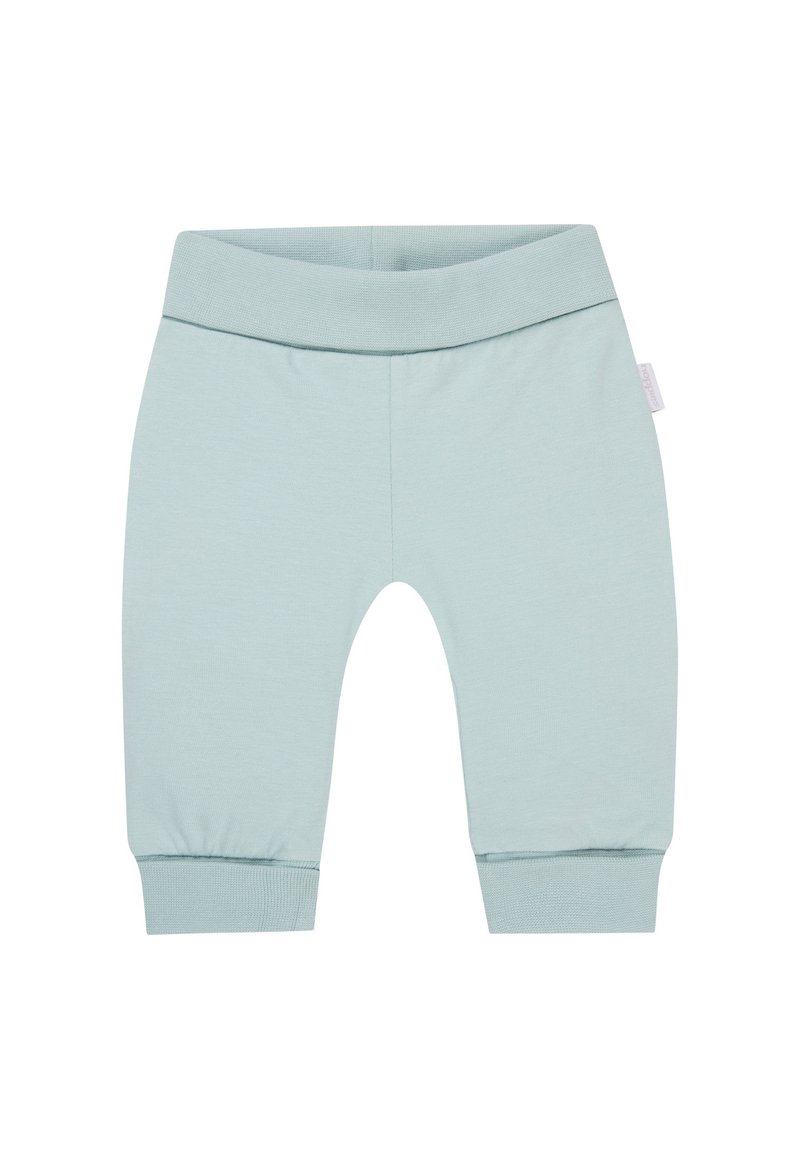 Helle grüne Babyhosen aus Baumwollmischung mit weichem elastischen Bund und gerippten Bündchen; hat ein kleines Stoffetikett an der Seite.