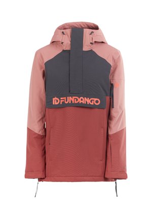 Veste imperméable rouge et grise avec capuche, comportant une poche poitrine et le logo "FUNDANGO". Tissu texturé et ourlet et manches ajustables.