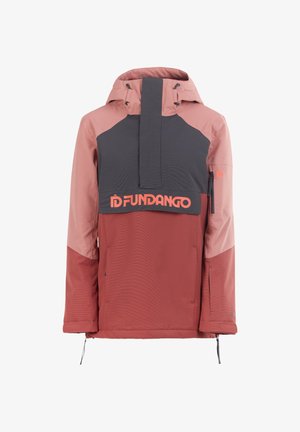 Chaqueta impermeable en rojo y gris con capucha, que cuenta con un bolsillo en el pecho y el logo "FUNDANGO". Tejido texturizado y dobladillo y mangas ajustables.