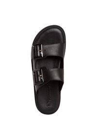 Black leather slide sandal with two adjustable buckle straps. Smooth texture, contoured footbed, and slightly raised edge.