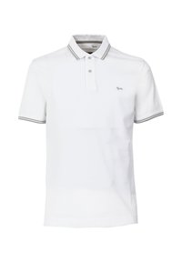Polo bianco in cotone, con una sottile striscia grigia sul colletto e sui bordi delle maniche, dotato di un piccolo logo ricamato sul petto.
