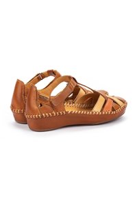 Sandali in pelle marrone con cinturini incrociati, design open toe, dettagli cuciti e soletta imbottita. La vista laterale mette in evidenza la texture e il colore.