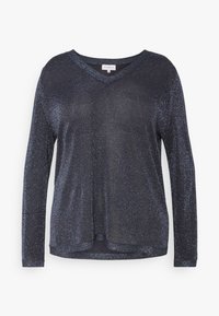 Long-sleeve V-neck top in dark navy with a shimmering, textured fabric. Features a relaxed fit and subtle side slits at the hem.
