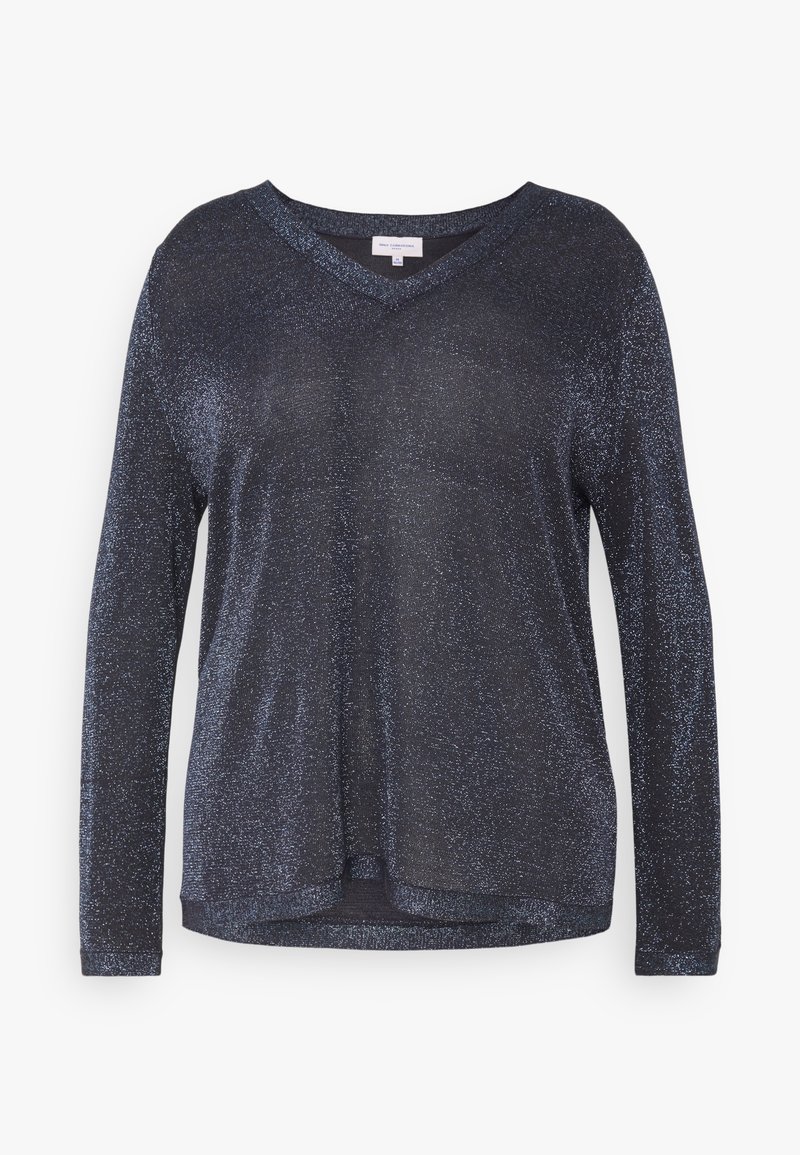 Long-sleeve V-neck top in dark navy with a shimmering, textured fabric. Features a relaxed fit and subtle side slits at the hem.