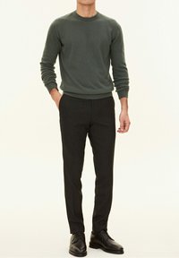 Maglione verde lavorato a maglia con scollo rotondo, abbinato a pantaloni scuri su misura e scarpe nere in pelle, con vestibilità aderente.