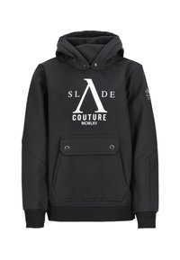 Felpa nera con cappuccio e tasca frontale, caratterizzata da un grande logo bianco. Realizzata in tessuto morbido con maniche e fondo a costine.