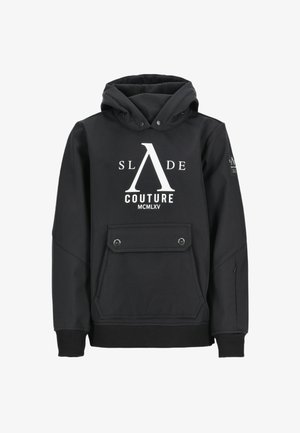 Zwarte hoodie met voorzak, voorzien van een groot wit logo. Gemaakt van zachte stof met ribbelboorden en -zoom.