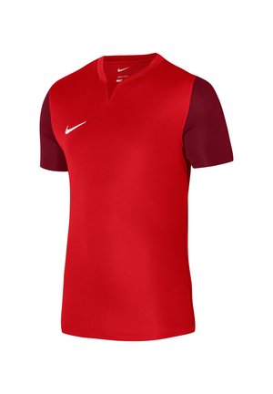 Maillot de sport rouge à manches courtes, avec un design en v, des accents bordeaux sur les manches, et un logo Nike blanc sur la poitrine.