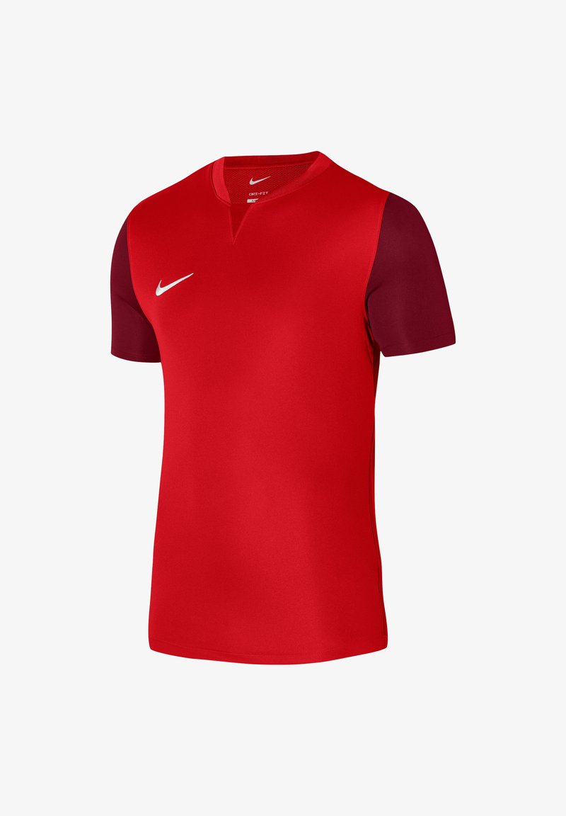 Maglia sportiva rossa con maniche corte, caratterizzata da un design a scollo a V, accenti color bordeaux sulle maniche e un logo Nike bianco sul petto.
