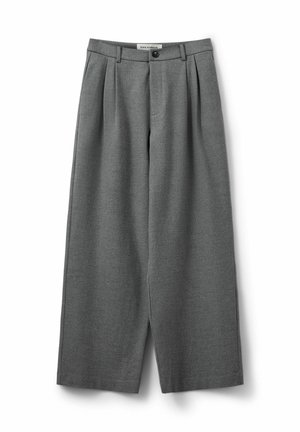 Gray wide-leg trousers with a textured fabric, featuring front pleats, a single button closure, and two side pockets.