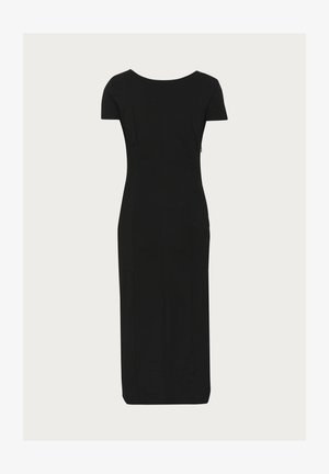 Czarna dopasowana sukienka z krótkimi rękawami, prostą sylwetką i okrągłym dekoltem. Posiada detale szwów i ukryty zamek błyskawiczny z boku.