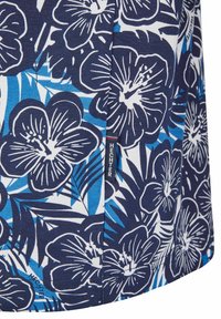 Blumenhemd mit navyblauem Hintergrund; zeigt weiße und blaue Hibiskusblumen; enthält ein Etikett mit "HECHTER". Glattes Baumwollmaterial.