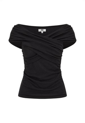 Must must õlgadeta top, millel on kortsuline kangas ja ristikujuline detail rinna ning ülaõlgade kohal, vöökohast kroogitud.