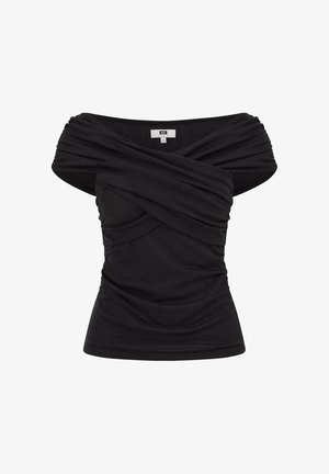 Must must õlgadeta top, millel on kortsuline kangas ja ristikujuline detail rinna ning ülaõlgade kohal, vöökohast kroogitud.