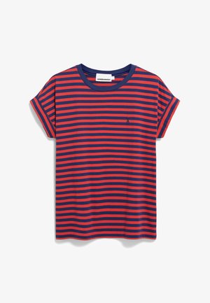 Rood en marineblauwe gestreepte T-shirt, korte mouwen, ronde hals, zachte stof, met een klein logo-accent op de voorkant.