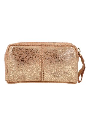 Metallic rose gold rectangular cosmetic case with a textured surface and a side wrist strap. Features a zipper closure and two separate compartments.