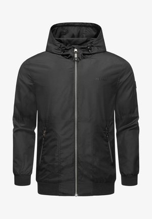 Chaqueta con capucha negra, frontal con cremallera, puños elásticos y dos bolsillos laterales. Tejido suave con un diseño sencillo y un sutil detalle de marca.