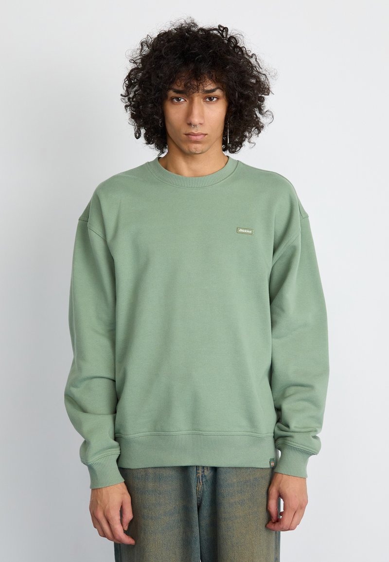 Ljusgrön sweatshirt med rund halsringning, ribbade muddar och nederkant. Har en liten broderad logotyp på bröstet. Mjuk, elastisk tyg.