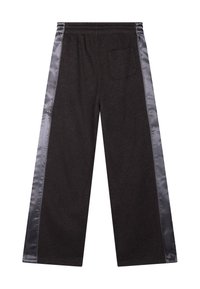 Pantalons à jambes larges, gris foncé, en tissu texturé avec des bandes latérales en satin. Dotés d'une taille élastique et d'une poche arrière.