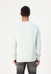 Světlá mátově zelená mikina s dlouhými rukávy, žebrovanými manžetami a kulatým výstřihem. Má hladkou texturu a jednoduchý, minimalistický design.