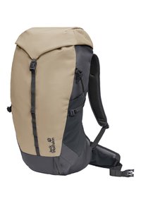 Sac à dos de randonnée Jack Wolfskin beige et gris foncé avec bretelles rembourrées et ceinture de taille à boucle, présenté sur fond blanc.