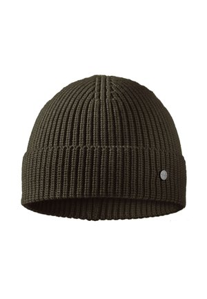 Olive green knit beanie with ribbed texture, folded cuff, and small metallic logo detail. Soft yarn material, designed for warmth and comfort.