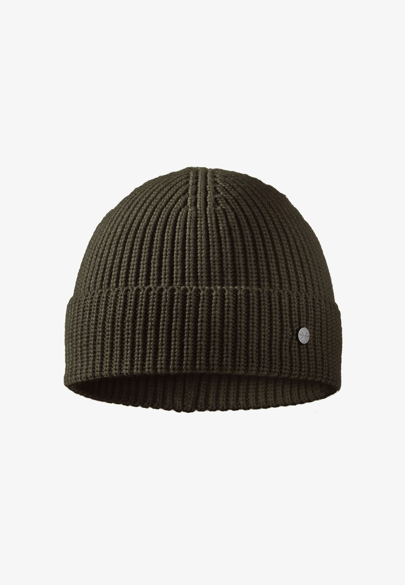 Berretto a maglia verde oliva con texture a costine, risvolto e piccolo logo metallico. Materiale in morbido filato, progettato per calore e comfort.