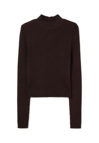 Maglione marrone a collo alto in maglia con maniche lunghe e design aderente, caratterizzato da una trama a costine e lunghezza corta.
