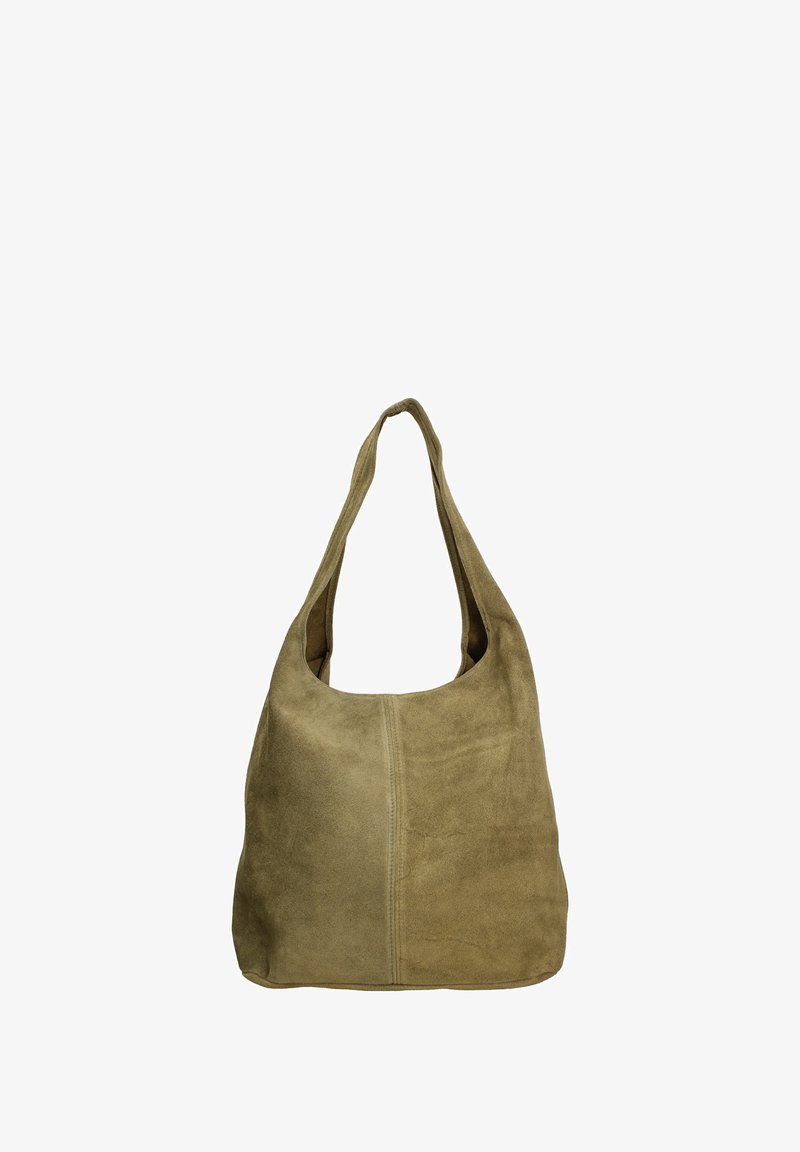 Zachte suède olijfgroene schoudertas met een enkele brede strap en een zichtbare verticale naad in het midden.