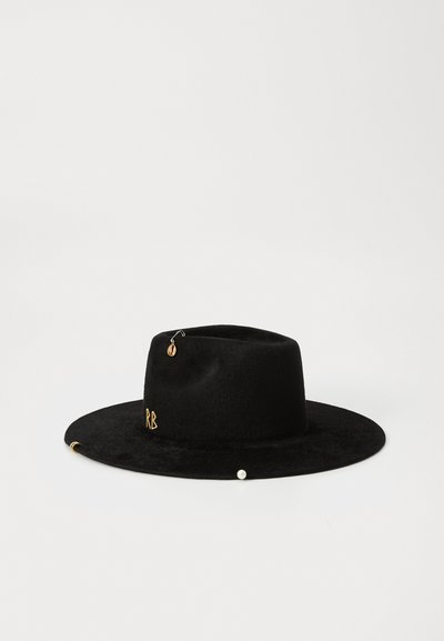 Black felt hat with a wide brim. Features gold hardware accents and a pearl detail. Embroidered initials "RB" on the front.