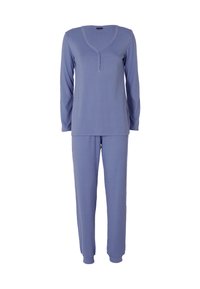 Pigiama a manica lunga in lavanda a coste con scollatura a V e tre bottoni nella parte superiore, abbinato a pantaloni coordinati con caviglie a costine.
