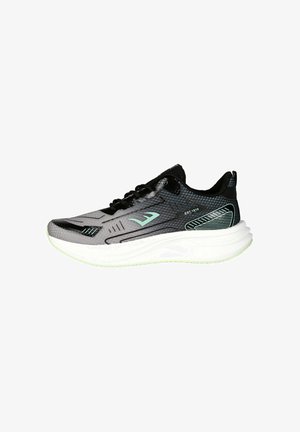 Scarpa sportiva grigia e nera con accenti verde menta e suola bianca spessa, vista di lato su sfondo bianco.