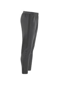 Dunkelgraue Sporthose mit glatter Textur, ausgestattet mit einem schwarzen Seitenstreifen, Taschen und runden Knopfakzenten an der Unterschenkelpartie.