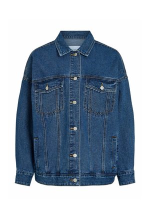 Veste en jean bleu avec fermeture boutonnée sur le devant, deux poches à rabat sur la poitrine avec boutons, poches latérales et col classique.