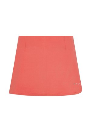 Coral pink tennis skirt with a flared shape, made of breathable fabric. Features flat seams and a small logo on the hem.