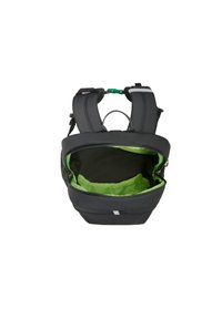 Svart ryggsekk med grønt interiør, polstrede skulderstropper og glidelåslukking. Har ergonomisk design og nett-detaljer på utsiden.