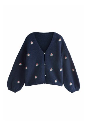 Navy gestrickte Strickjacke mit V-Ausschnitt, Puffärmeln und floralen Stickereien. Verfügt über Perlenknöpfe und eine lockere Passform.