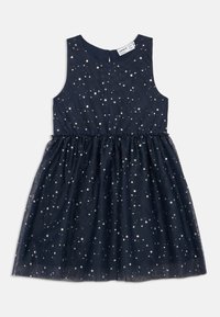 Marinblå ermeløs jentedress med sølvstjerne mønstre, samlet midje og en tulle-overdel.