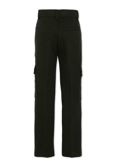 Pantaloni cargo neri realizzati in tessuto misto cotone. Design a gamba dritta con due tasche laterali e due tasche posteriori. Stile semplice e funzionale.