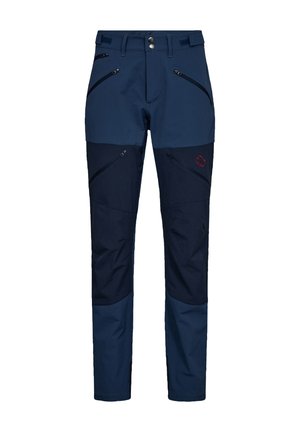 Marine udendørsbukser med tofarvet design, der har flere lynlåslommer og en rød logoaccents på benet. Holdbart materiale.