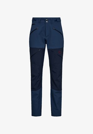 Marine udendørsbukser med tofarvet design, der har flere lynlåslommer og en rød logoaccents på benet. Holdbart materiale.