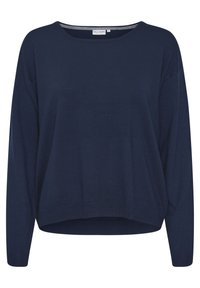 Granatowy wełniany sweter z szerokim, okrągłym dekoltem, opadającymi ramionami i prążkowanym wykończeniem. Materiał wydaje się miękki i ma lekko luźny krój.