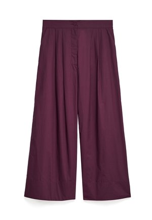 Wide-leg trousers in deep burgundy, featuring a button closure, smooth texture, and pleats for added volume.