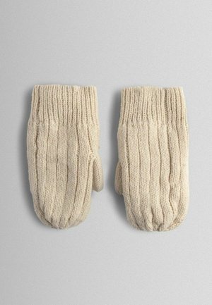 Beżowe dziergane rękawiczki z prążkowaną fakturą, z jedną przegródką na wszystkie palce i elastycznym mankietem dla dopasowania.