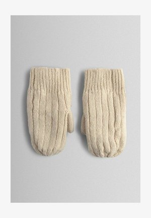 Moufles en tricot beige à texture côtelée, avec un compartiment unique pour tous les doigts et un poignet élastiqué pour un ajustement parfait.