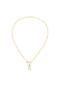 Guldfarvet kædedesign med rektangulære led, der har en rund toggle-lås og en perle-dråbe accenter. Glat tekstur og poleret finish.