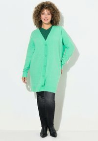 Mintgrön cardigan med V-ringning, knappstängning och ribbad ärm, bärs över en svart mönstrad topp och kombineras med mörka jeans och ankelskor.