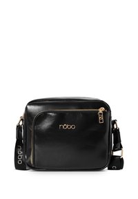 Borsa a tracolla in pelle sintetica nera con tasca frontale con zip, dettagli in hardware dorato e tracolla rimovibile con logo.