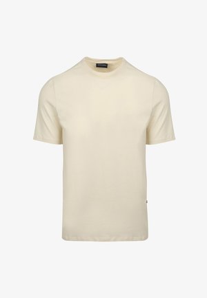 Cream-colored short-sleeve t-shirt in soft cotton material with a round neckline and minimal branding near the hem.